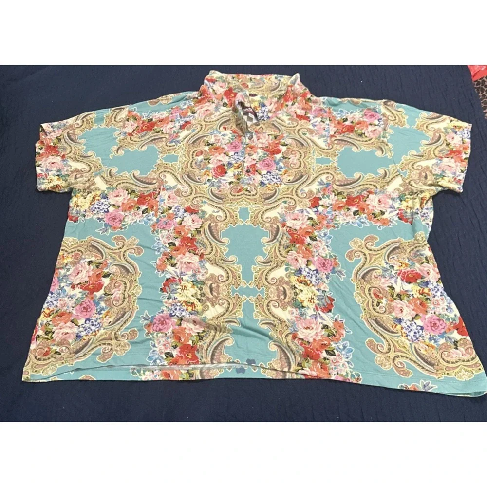 JOHNNY WAS Women Size XXL Rivoray Floral S/S Paisley Polo Tee Shirt Boho Ornate